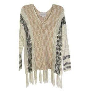 Paper Crane Cream Tan Boho Sweater Size S Tassel Trim V Neck Long Sleeve Stripe